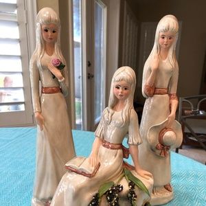 3 Porcelain Girl Figurine with Long Cream Dress with Pink Ribbon and Shoes